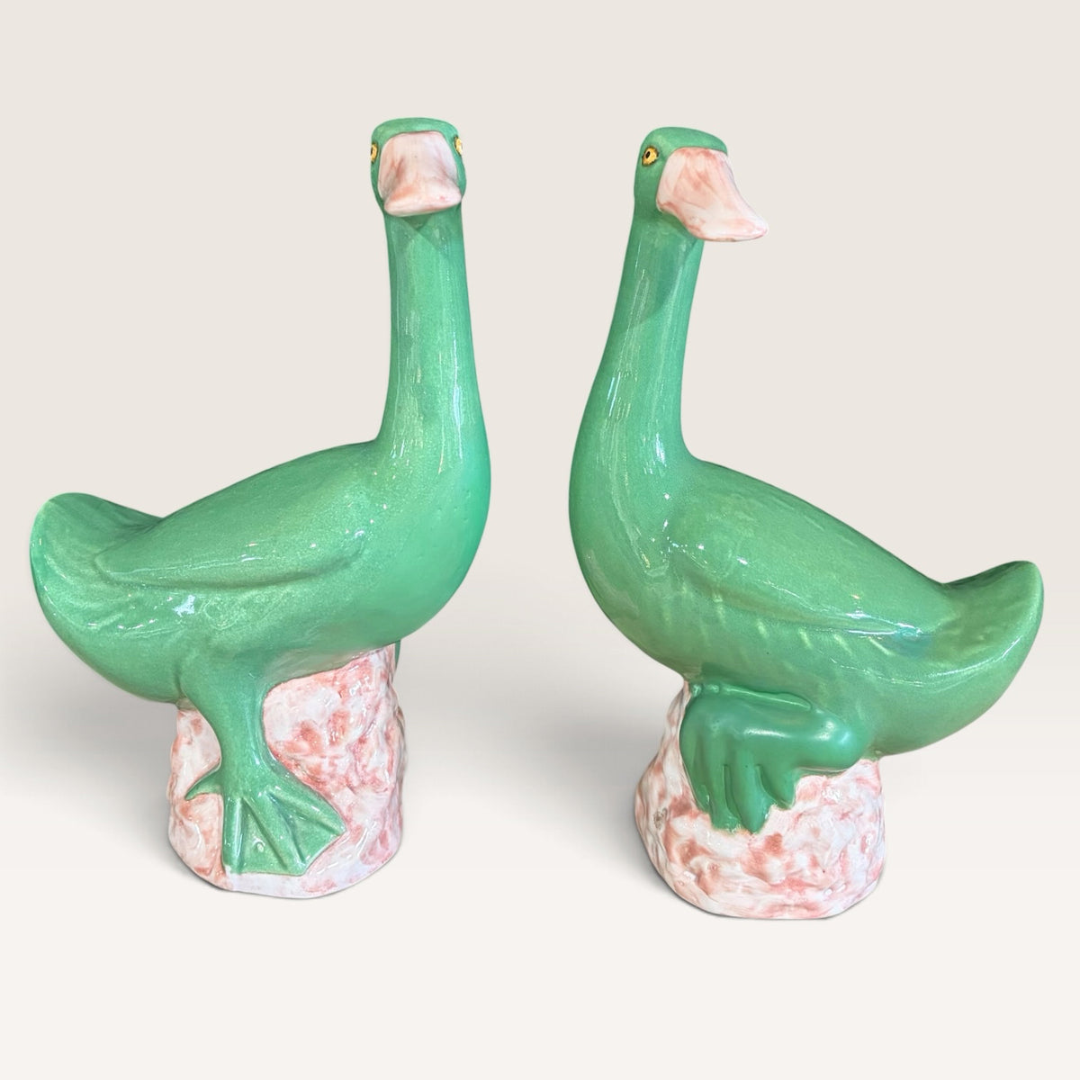 Pair of VTG Green Glazed Porcelain Ducks