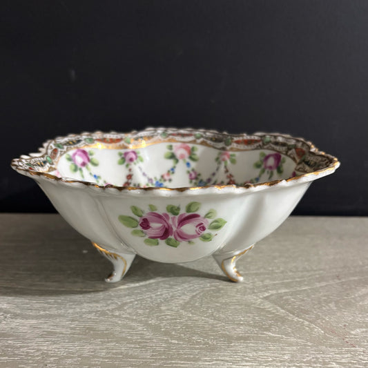 Handpainted Porcelain Footed Berry Bowl 7.5" D x 3.5" H