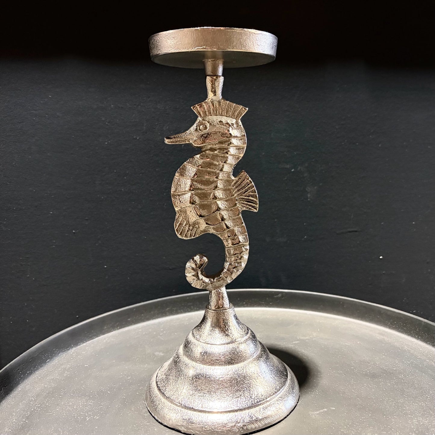 Silver Seahorse Candle Holder, 5"W x 5"D x 11"H