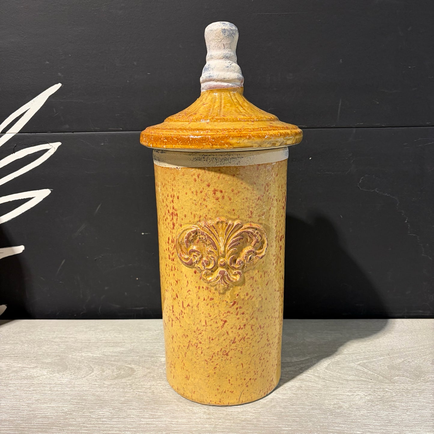 Mustard Yellow Canister w/ Fleur-de-lis, 8"Dia x 18"H