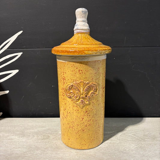Mustard Yellow Canister w/ Fleur-de-lis, 8"Dia x 18"H