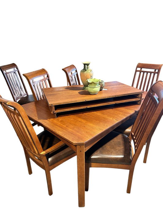 Keller Mission-style dining table w/8 chairs, 2 leaves, 65.5"- 113.5"L x 43.5"W