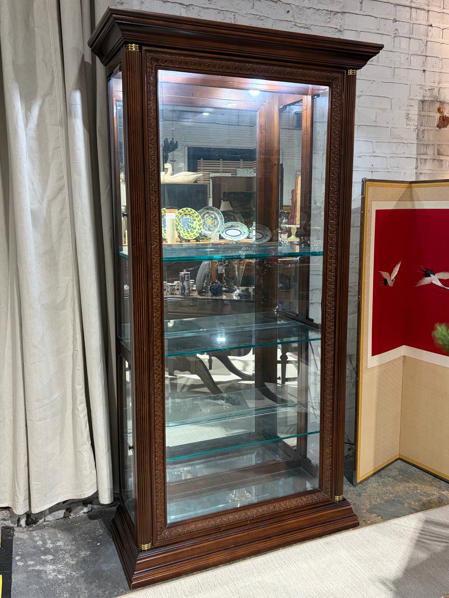 Illuminated Mirrored Back Cherry Curio,  Side Doors, 42"W x 17"D x 80.5"H