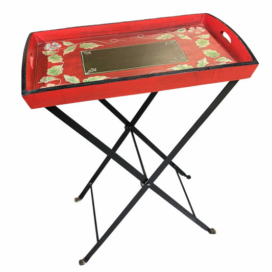 Serving Tray on Stand, Red Floral Design, 24.5"W x 15"D x 33"H