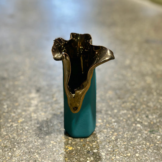 Abstract Teal & Gold Ceramic Bud Vase, 3.5" L x 3" W x 6" H
