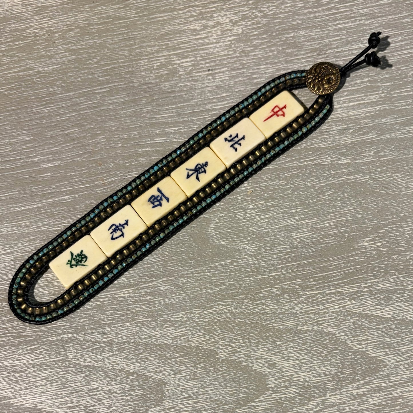 Vintage Mahjong Tile Cuff Beaded Bracelet, 1.5"W x 7.2"L, Carrie Prince
