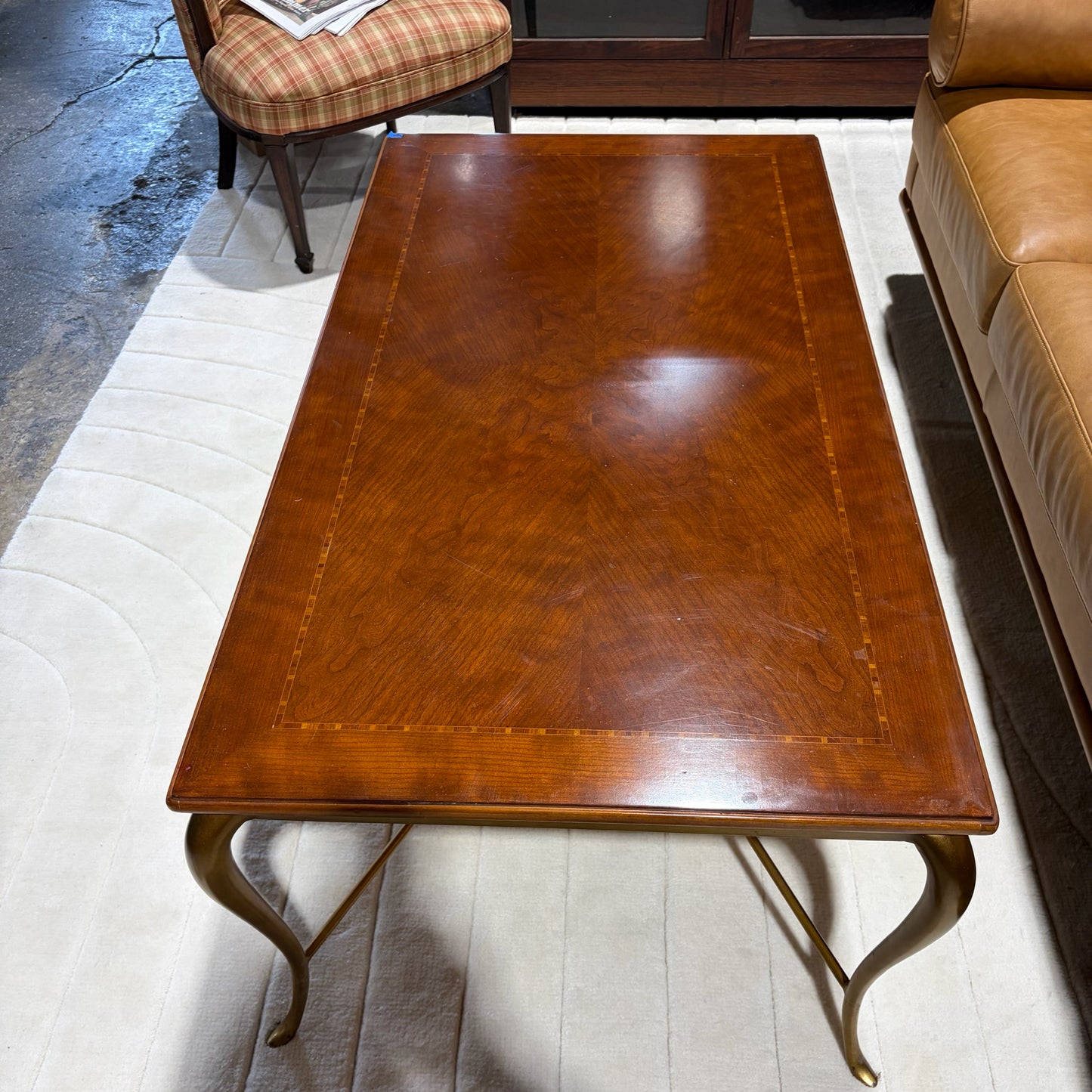 Inlaid Wood and Gold Metal Base Coffee Table, 26"D x 48"W x 19"H