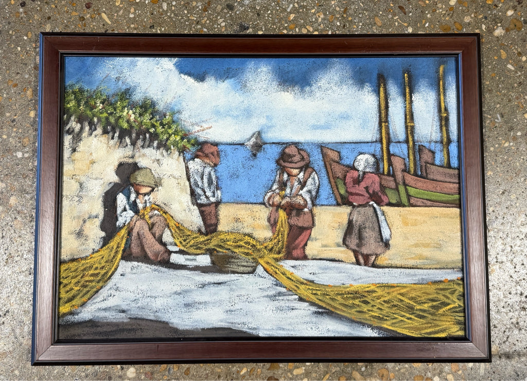Dry brush oil/acrylic painting, fishermen/nets, 30"W x 22"L x 1"H