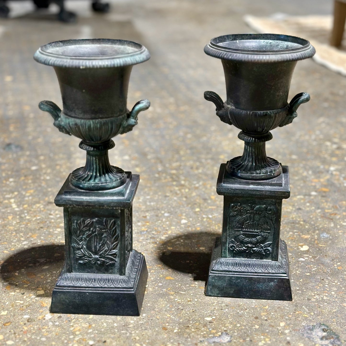 Pair of Neoclassical Pedestal Urns, Aged Cast Metal, 6" Dia x 14.25" H