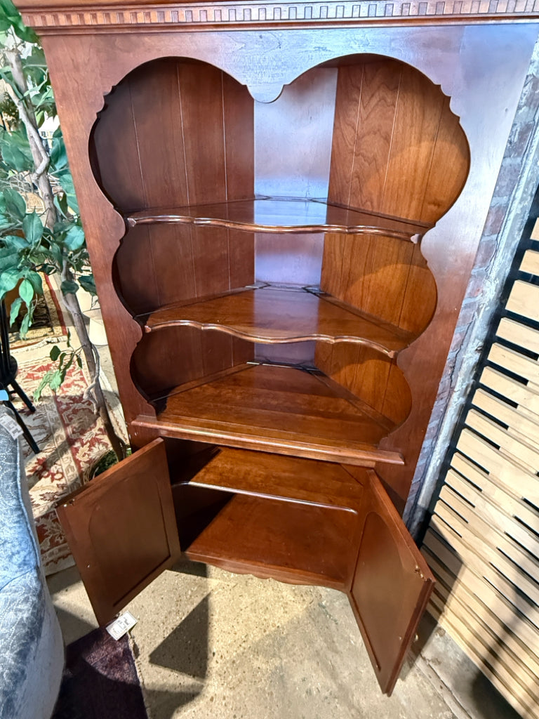 Cushman (?) corner cabinet, cherry finish, 34"W x 16.5"D x 69"H