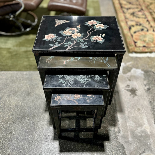 Set of 4 Black Lacquer Chinoiserie Inlaid Nesting Tables, 22" L x 16" W x 24" H