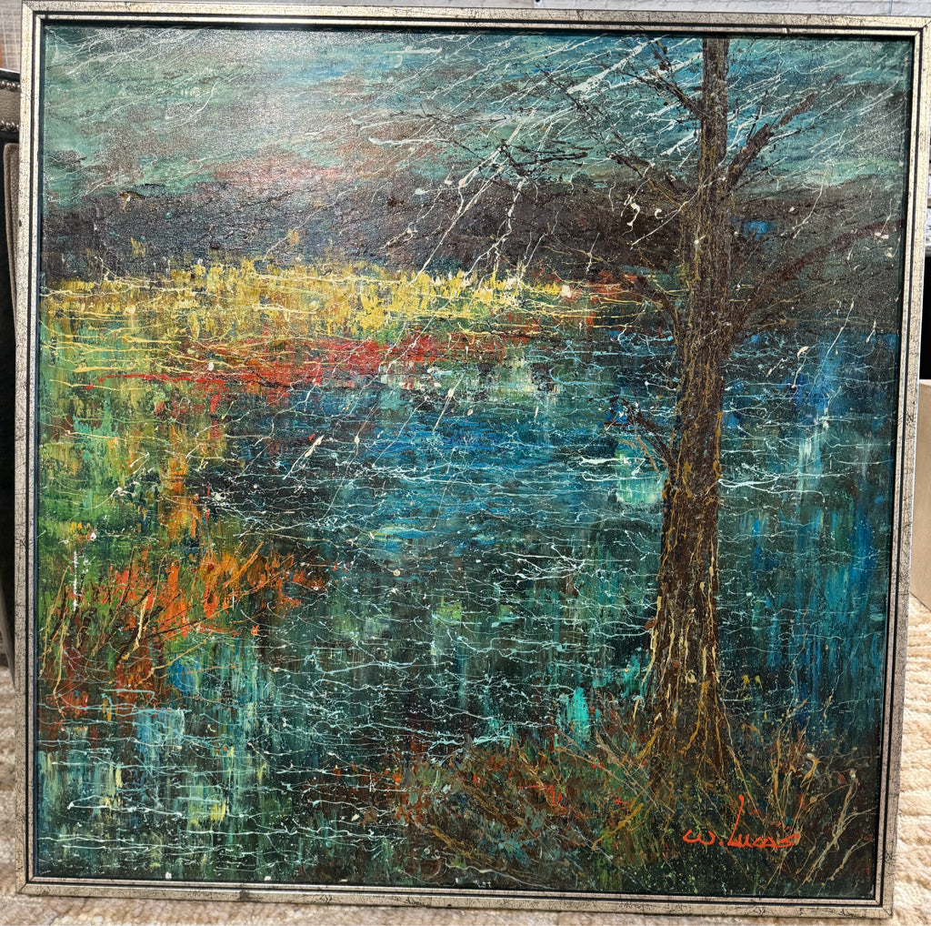 MCM signed W. Lucas oil painting, 37.5"W x 37.5" H x 2"D