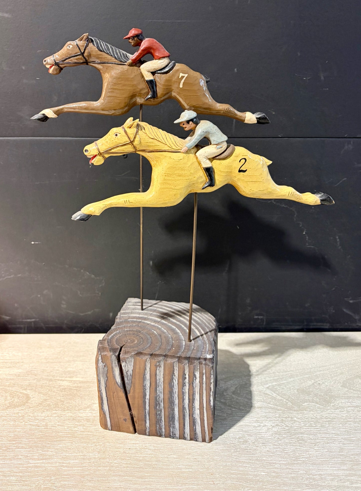 VTG Carved Wood Horse Racing Folk Art Signed, 14"W x 6"D x 18.5"H