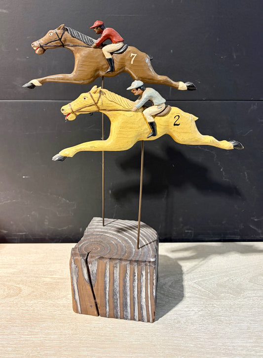 VTG Carved Wood Horse Racing Folk Art Signed, 14"W x 6"D x 18.5"H
