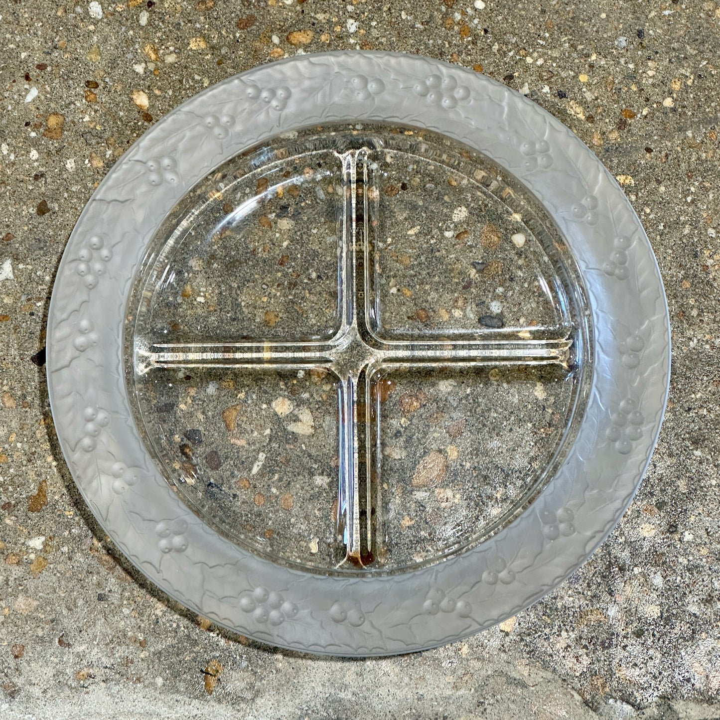 Holiday Holly Rimmed Divided Dish, Clear Glass, 14" Dia x 1.5" H