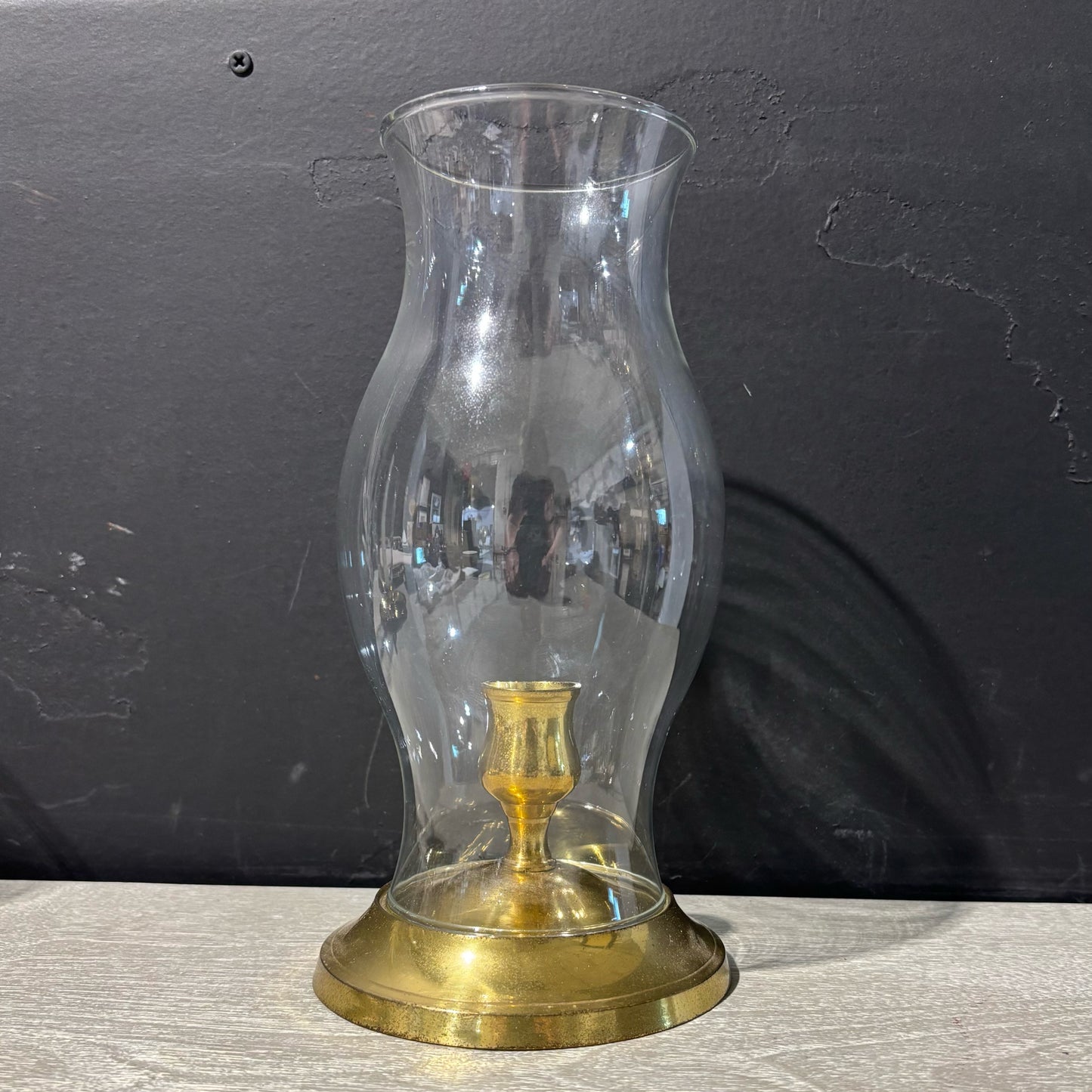 Brass Candleholder, Glass Hurricane 5" D x 9.75" H