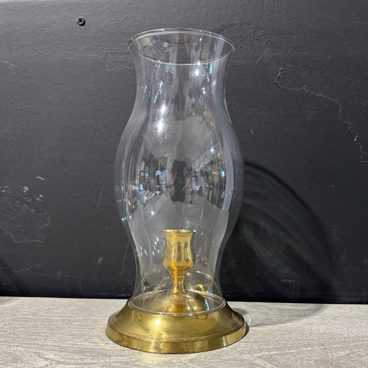 Brass Candleholder, Glass Hurricane 5" D x 9.75" H