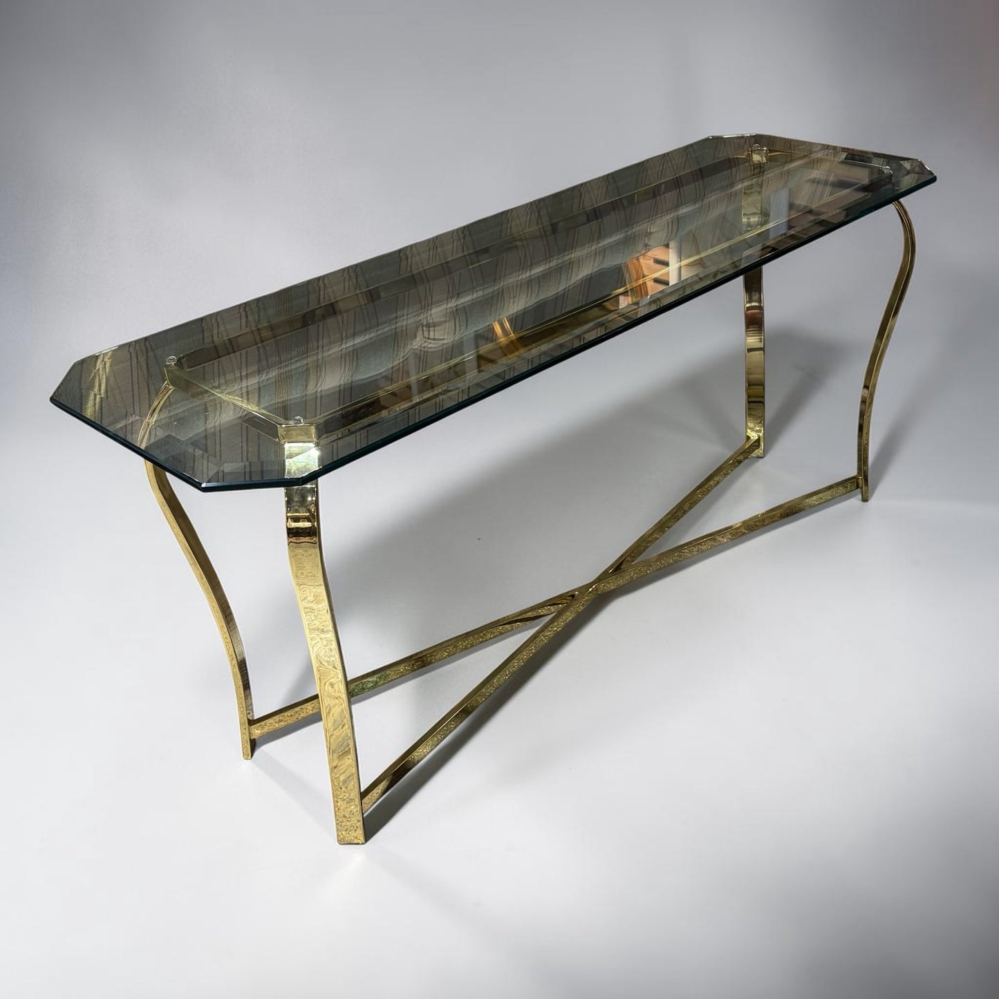 VTG Hollywood Regency Brass & Glass Console Table, 58"W x 19"D x 26.5"H