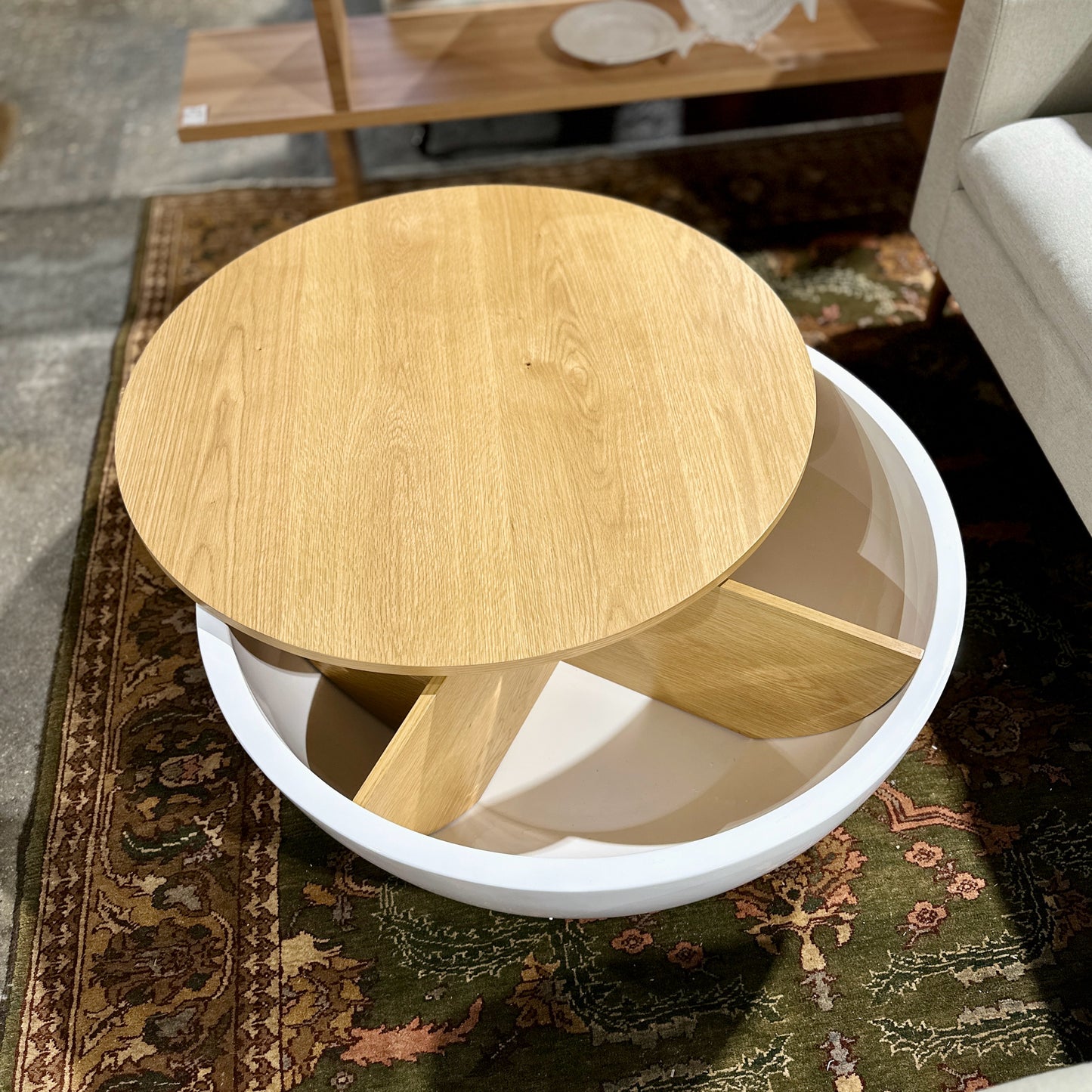 Feather Geary Storage Coffee Table, Oak & White, 35.75" Dia x 15.5" H