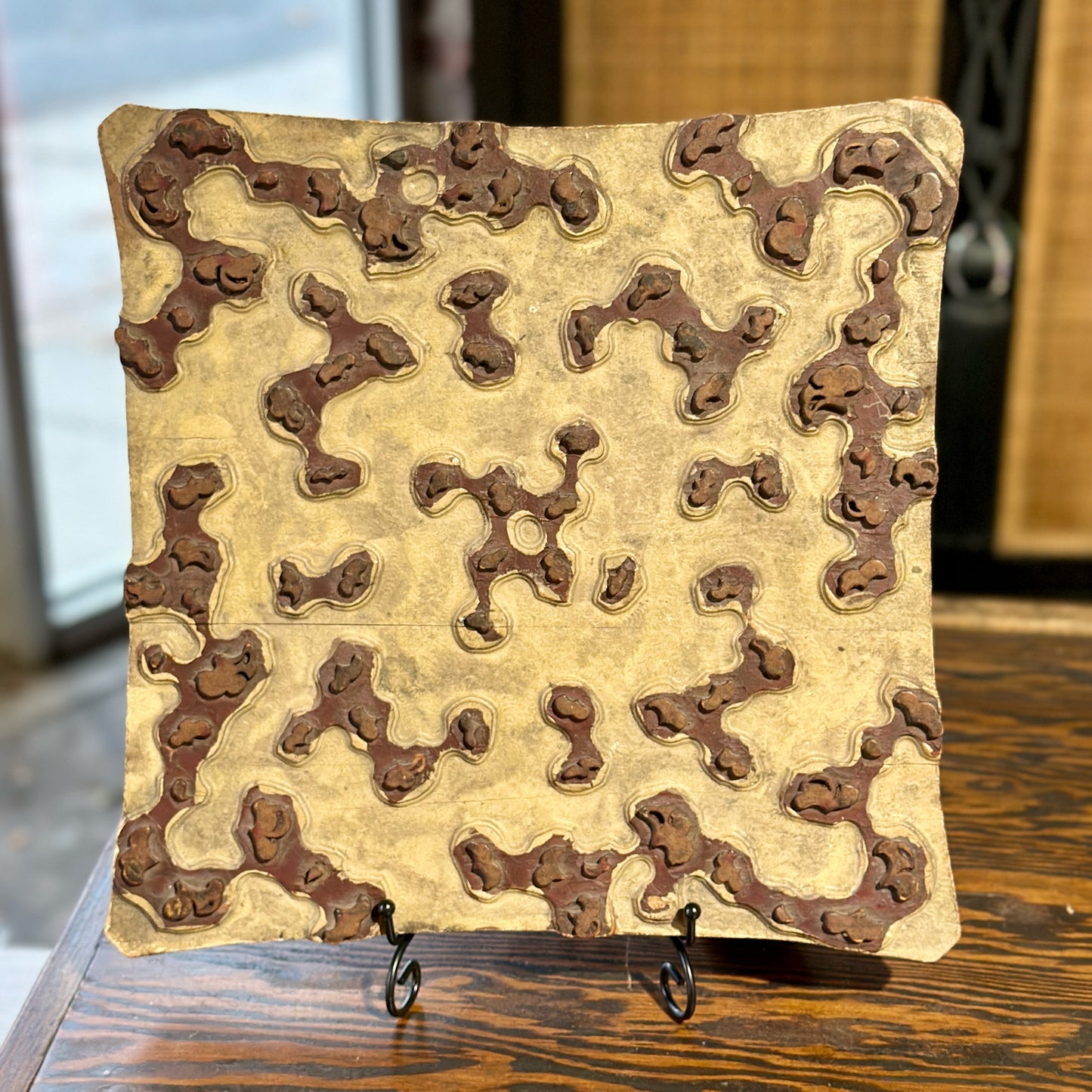 Vintage Wood Printing Block, Early French, 13.5" W x 13.5" L x 2" D