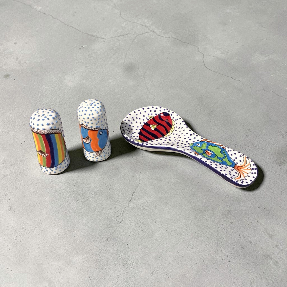 Salt & Pepper + Spoon Rest Glazed Ceramic Set 10"W x 5"D x 2"H
