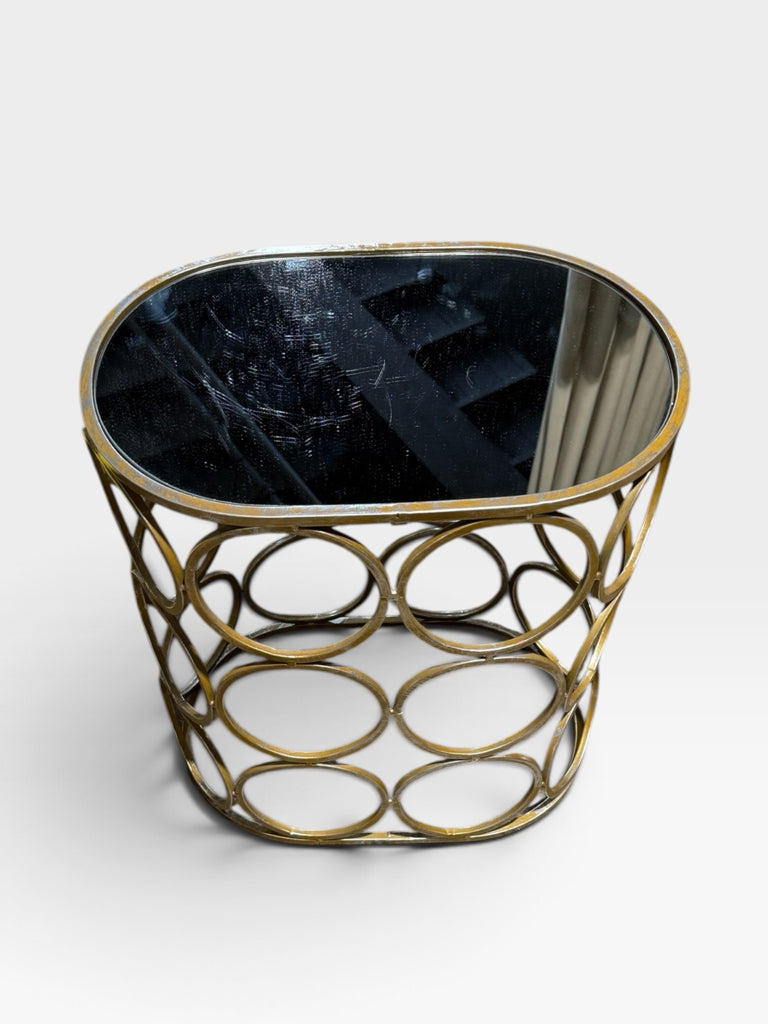 'Antiqued' brass/gold oval table, mirrored top, 18"W x 12"D x 19"H
