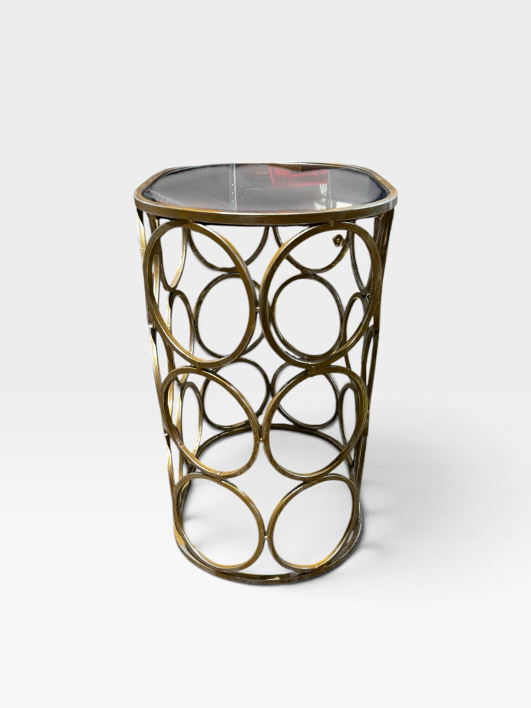 'Antiqued' brass/gold oval table, mirrored top, 18"W x 12"D x 19"H