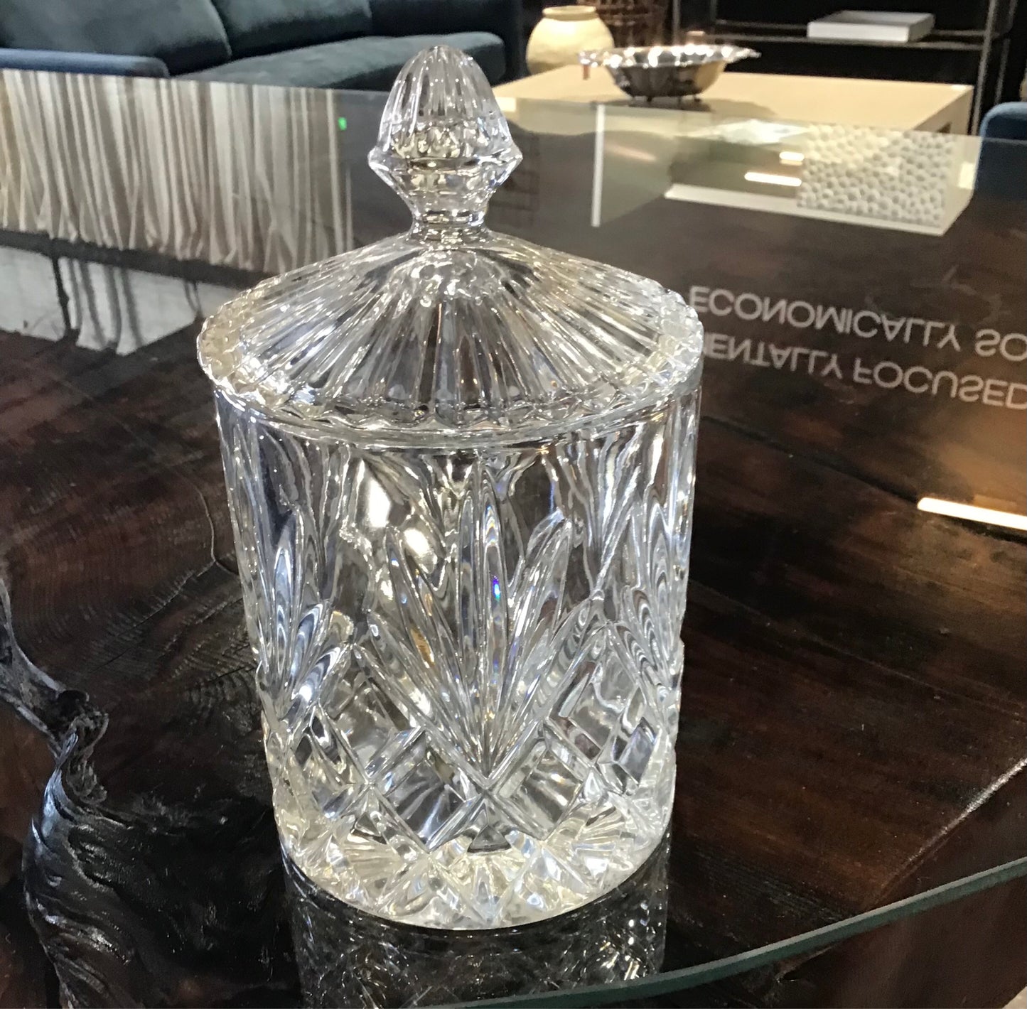 Vintage Cut Crystal lidded jar 7 " tall x 4" dia.