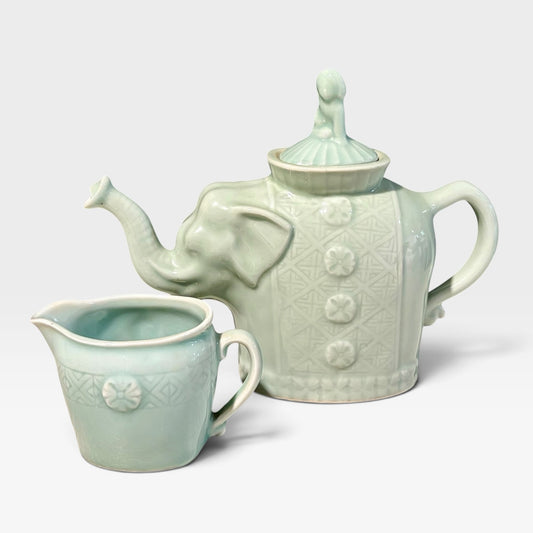VTG Celadon Elephant Tea Set, 9.5"W x 4"D x 8"H