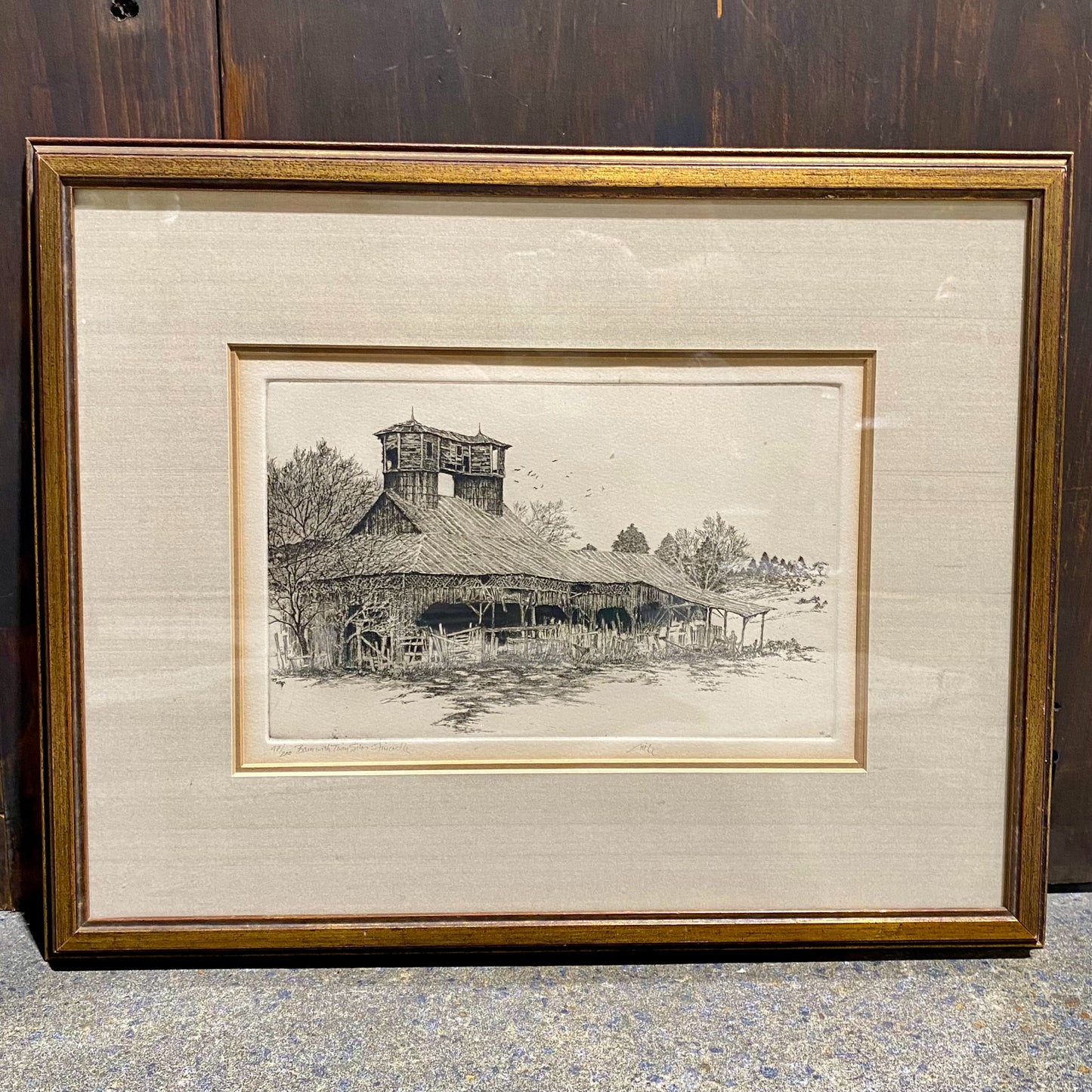 Vintage Etching, Barn w/ Twin Silos, By Little, 19.5"W x 15.5"H x 1"D