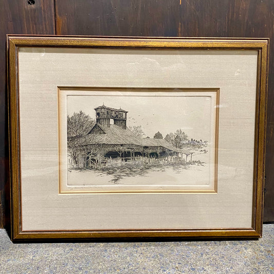 Vintage Etching, Barn w/ Twin Silos, By Little, 19.5"W x 15.5"H x 1"D