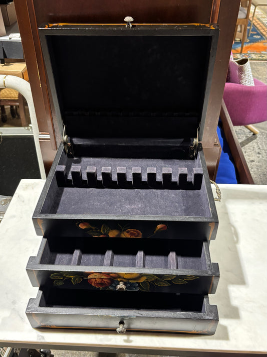VTG Hand-Painted Floral Silver/Jewelry Chest