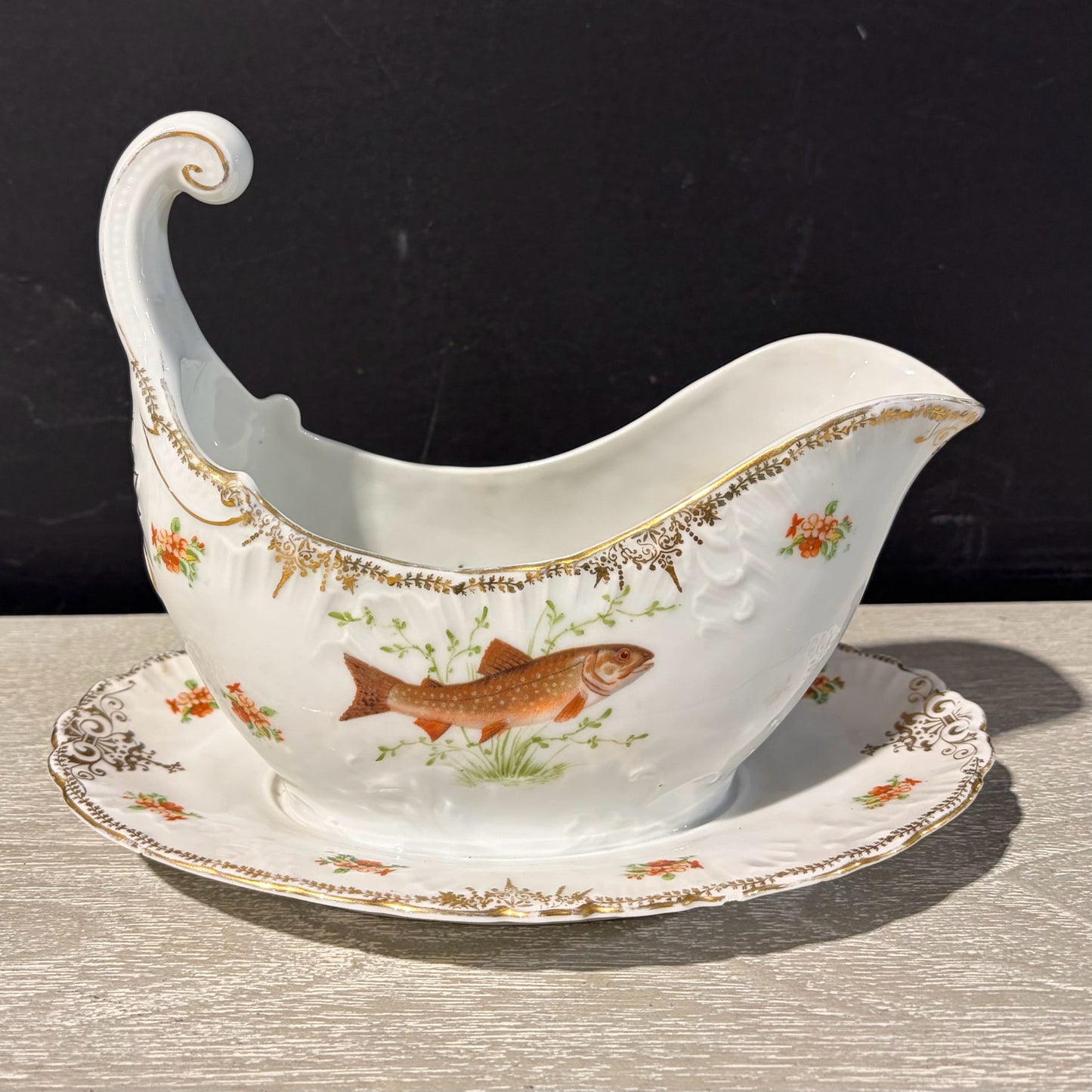Antique Austrian Porcelain Fish Gravy Boat John Wanamaker, 9"W x 6"D x 7"H