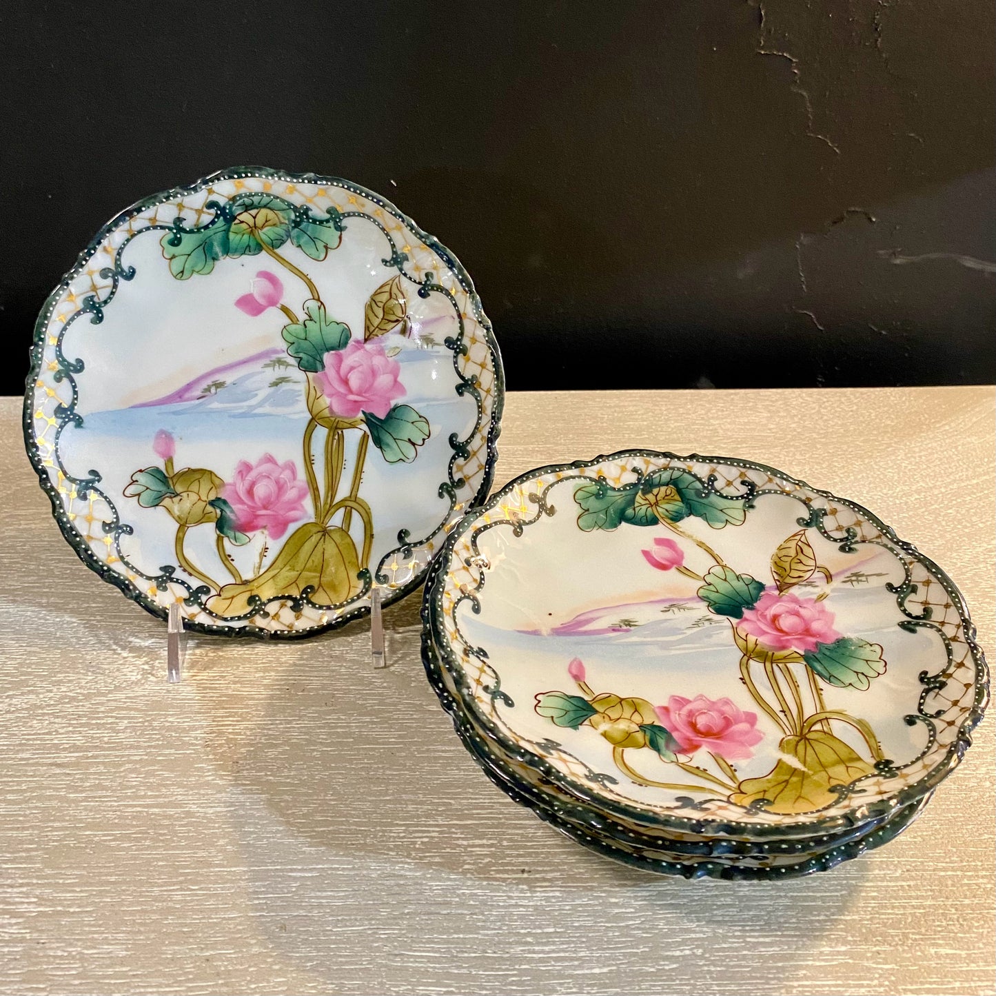 Set 4 , Hand Painted Nippon Lotus Plates. 6.25"Dia x 1"H