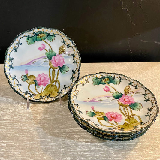 Set 4 , Hand Painted Nippon Lotus Plates. 6.25"Dia x 1"H
