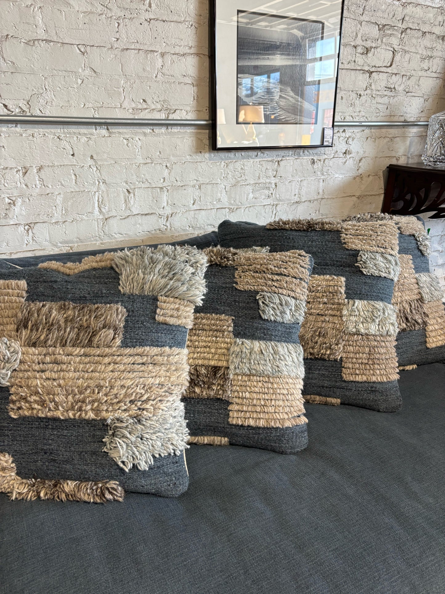 4 Blue & Grey Textured Pillows 20"Lx20"H