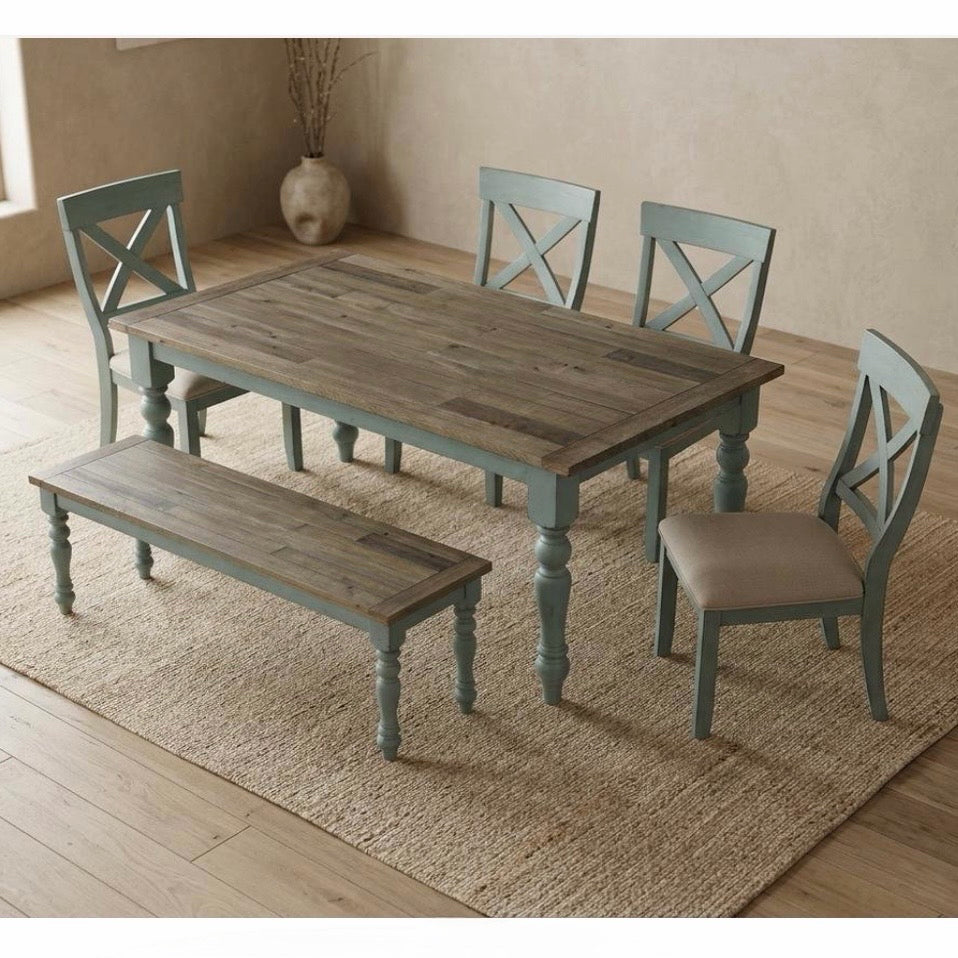 Prato 6-Piece Dining Table Set w/ Cross Back Chairs & Bench, 68"W x 38"D x 30"H