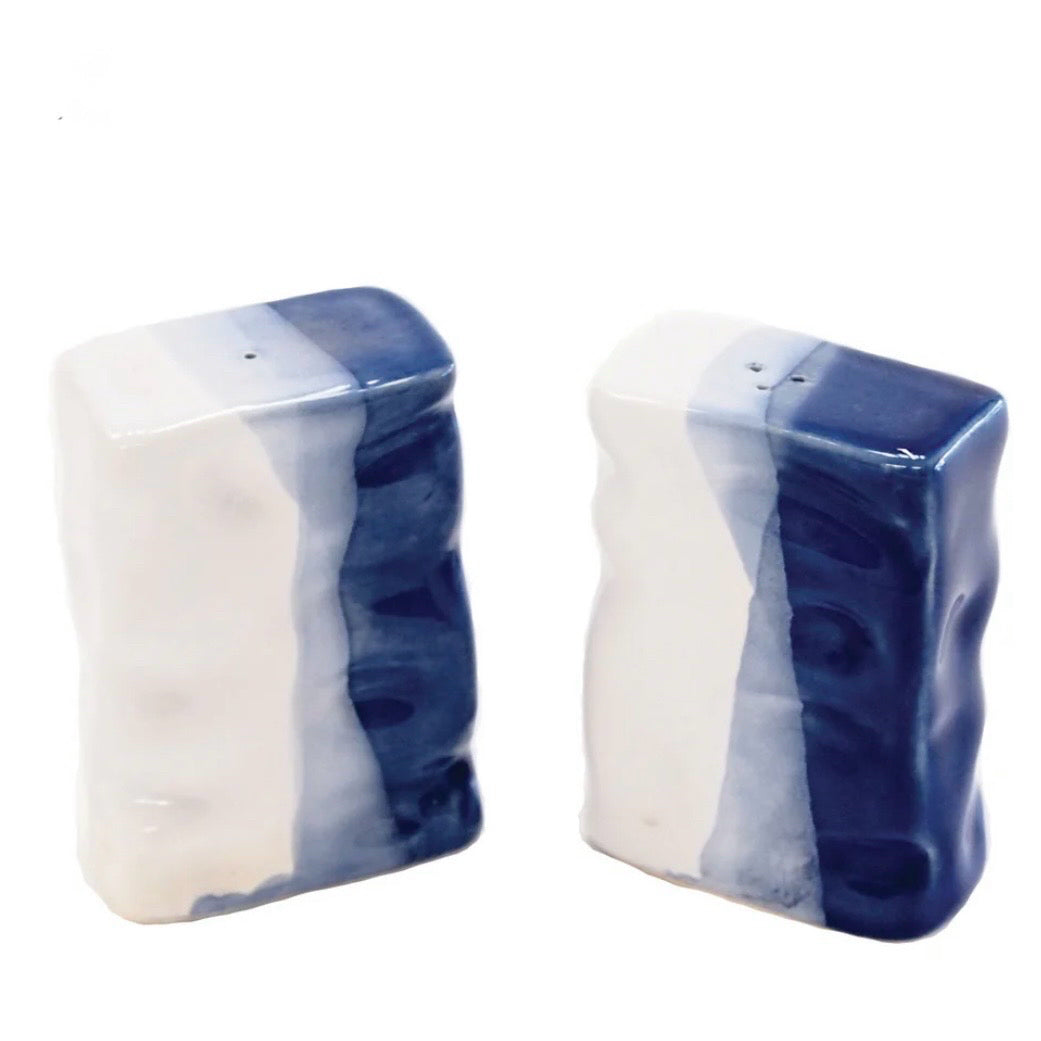 Rectangle Ripple Salt and Pepper Set, Blue and White, 2"W x 1.25" D x 3.5"H