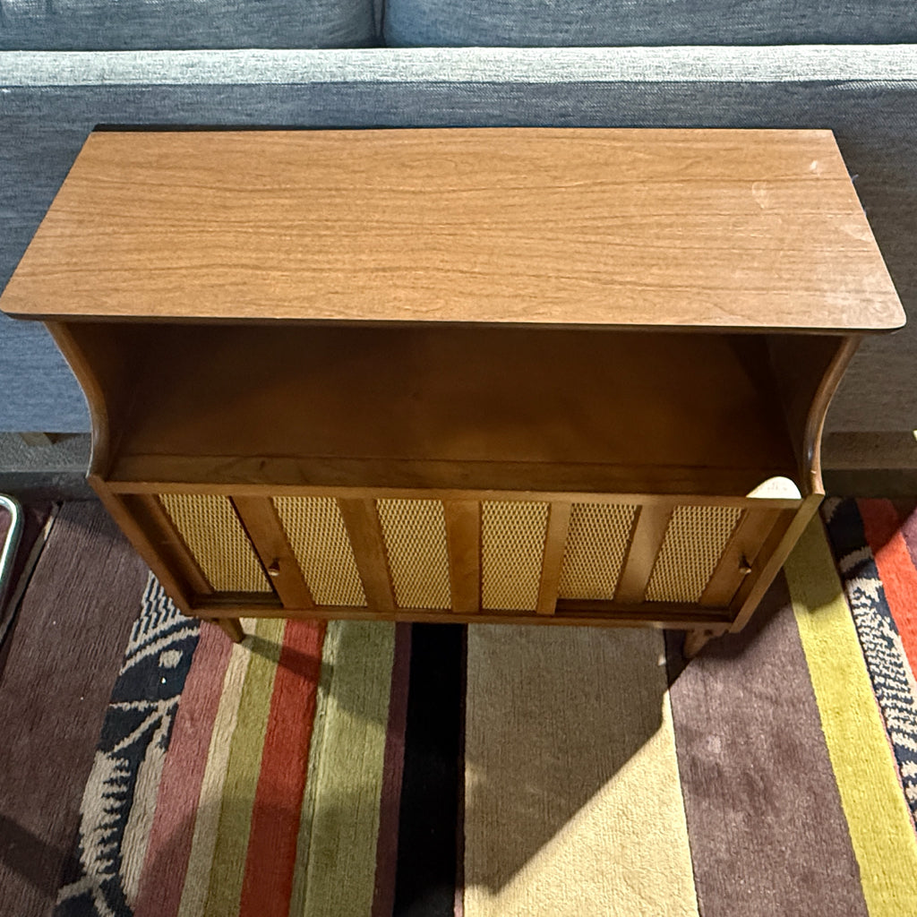 MCM cabinet, cane sliding doors, 34.5"W x 14.5"D x 30.5"H