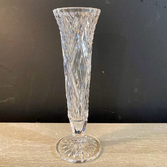 Vintage Etched Crystal Bud Vase, 8"H x 2.5"dia