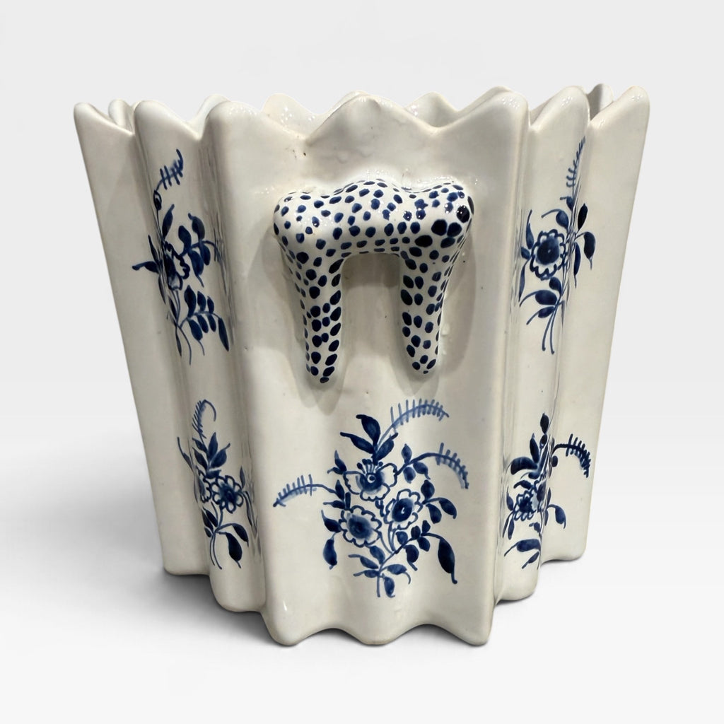 French handpainted cachepot, blue/white, 7"Dia x 6"H