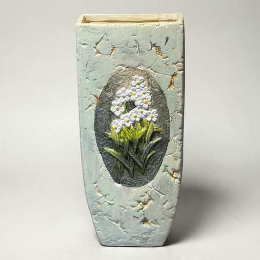 Pale Green Vase with Raised White Flowers, 11"H x 5"W x 3"D