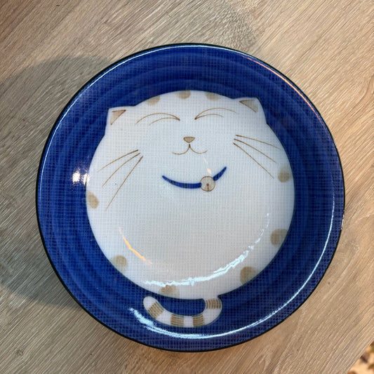 Set of 4 Smiling Cat Blue and White Dessert/Appetizer Plates, 6.5"Dia