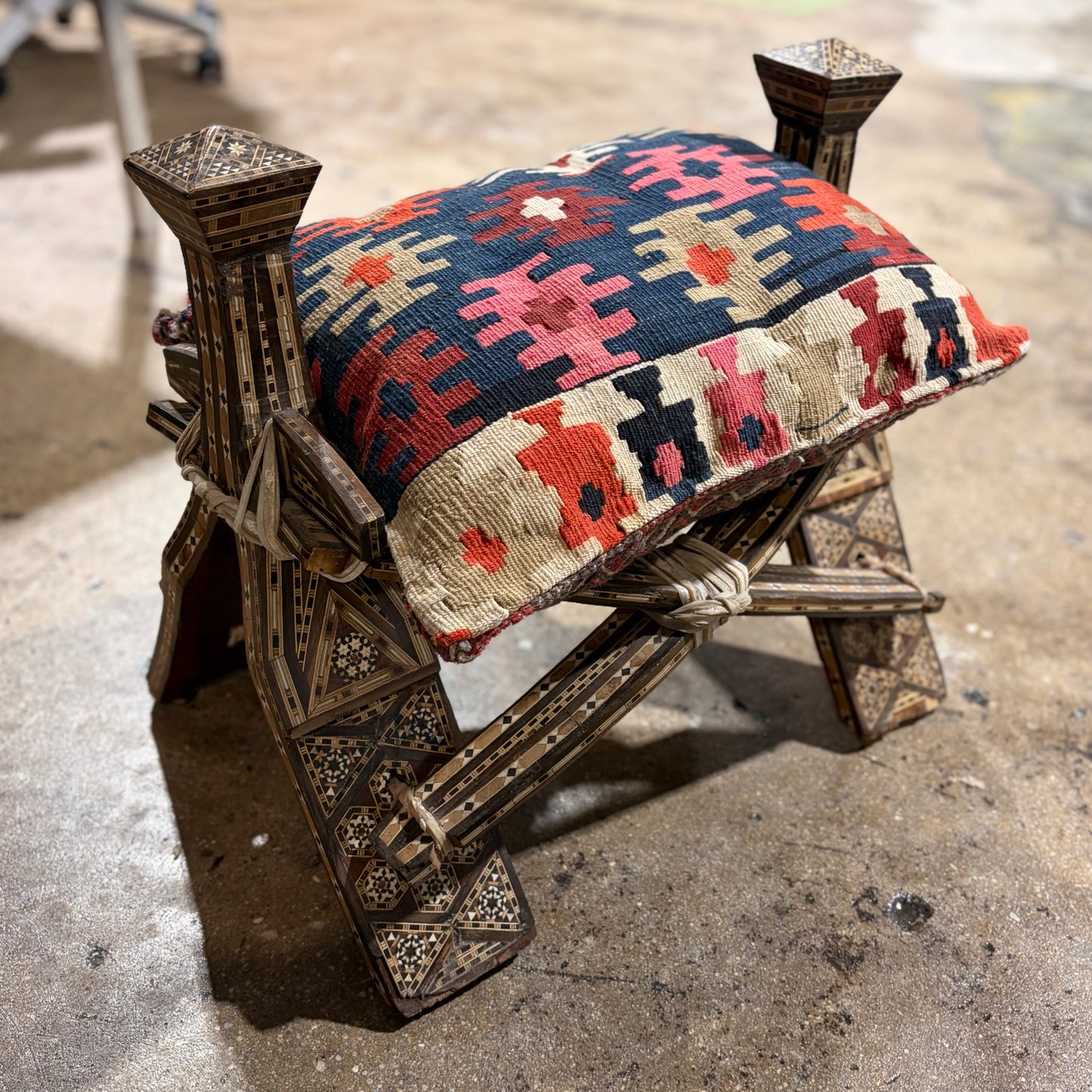 Moroccan-Style Inlaid Wood Stool with Cushioned Seat, 20"W x 16"D x 19.5"H