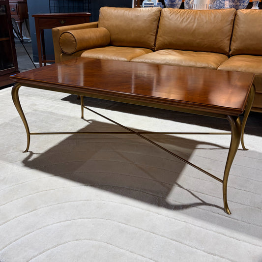 Inlaid Wood and Gold Metal Base Coffee Table, 26"D x 48"W x 19"H