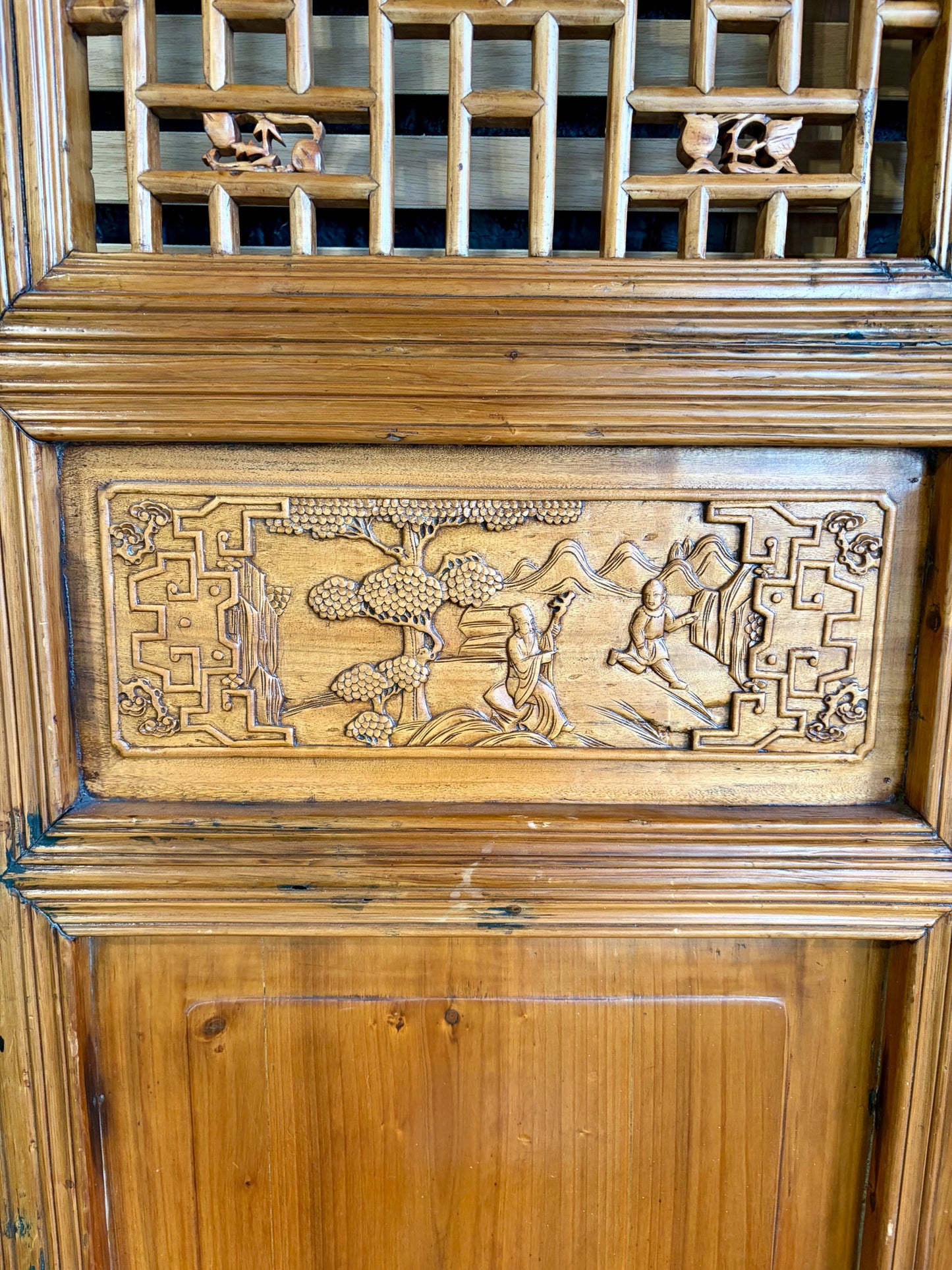 Pair of VTG Chinese Carved Wood Door Panels, 98"H x 25"W x 2.5"D