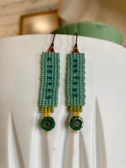Tower Earrings, Aqua Meadow, Carrie Price Wearable Art