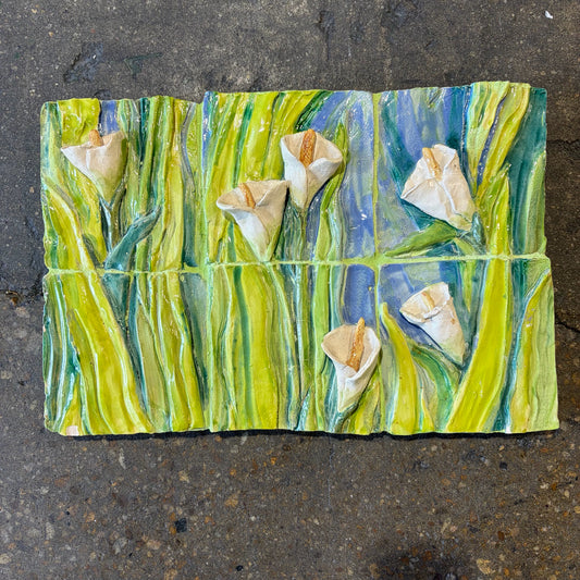 Ceramic tile art, Calla lillies, 17.5"W x 11.5"H