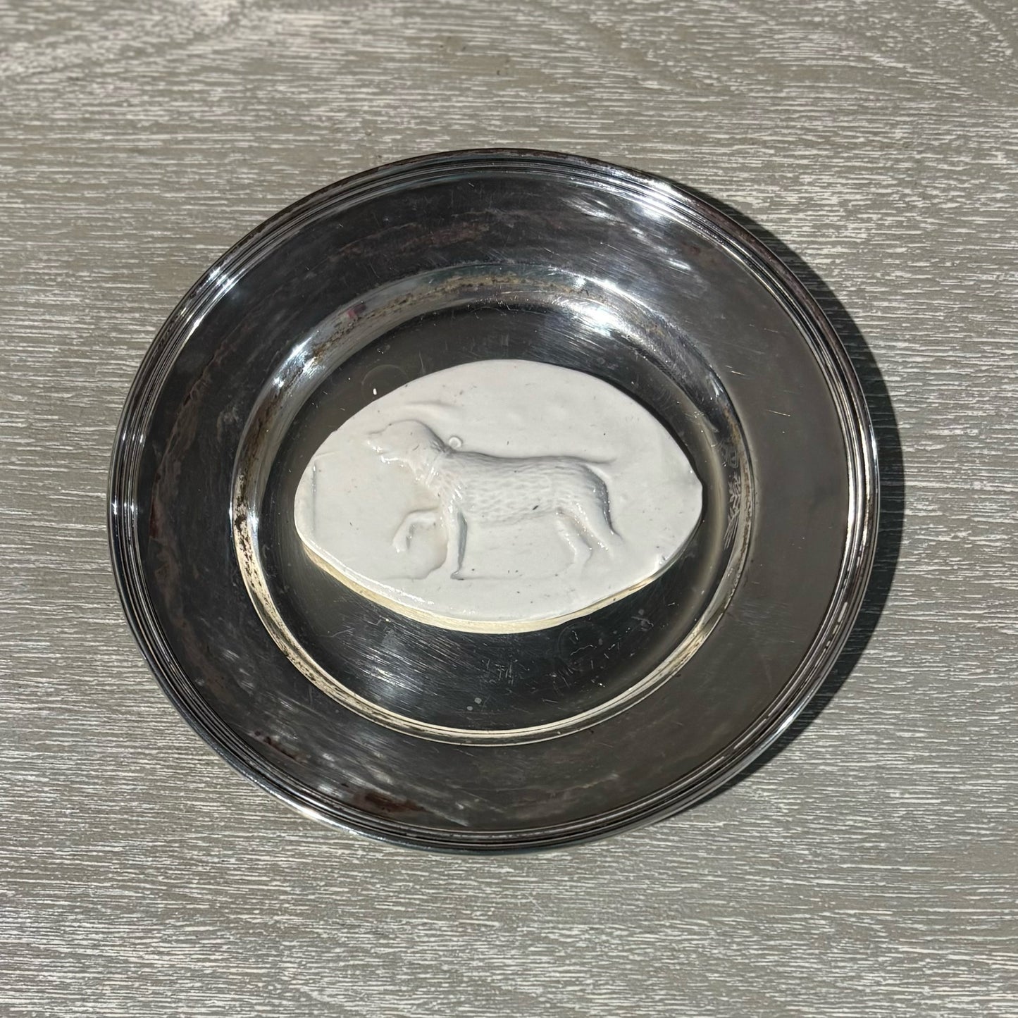 Dog Intagliio on Silverlated Dish 6" D x .5" H