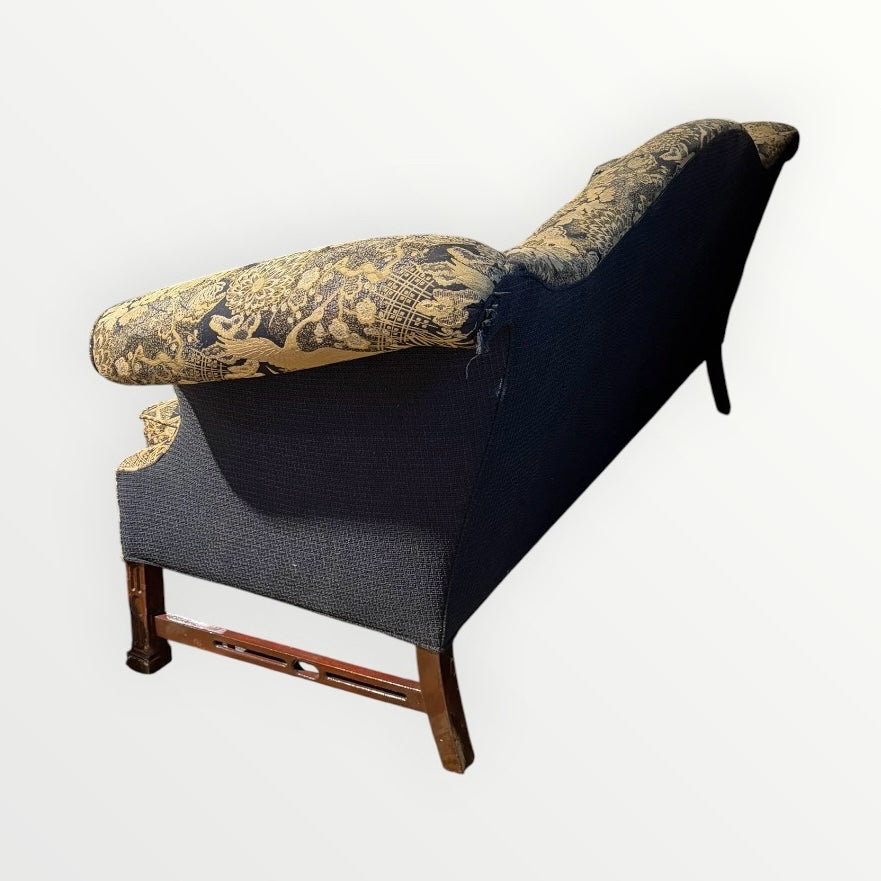 VTG Chippendale Style Sofa, Chinoiserie-Pattern, Black & Gold, 84"W x 34"D x 37"